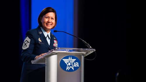 Chief Master Sgt. of the Air Force JoAnne S. Bass makes remarks at the Air and Space Forces Association's Air, Space & Cyber Conference in National Harbor, Md., Sept. 13, 2023. (U.S. Air Force photo by Staff Sgt. Stuart Bright)