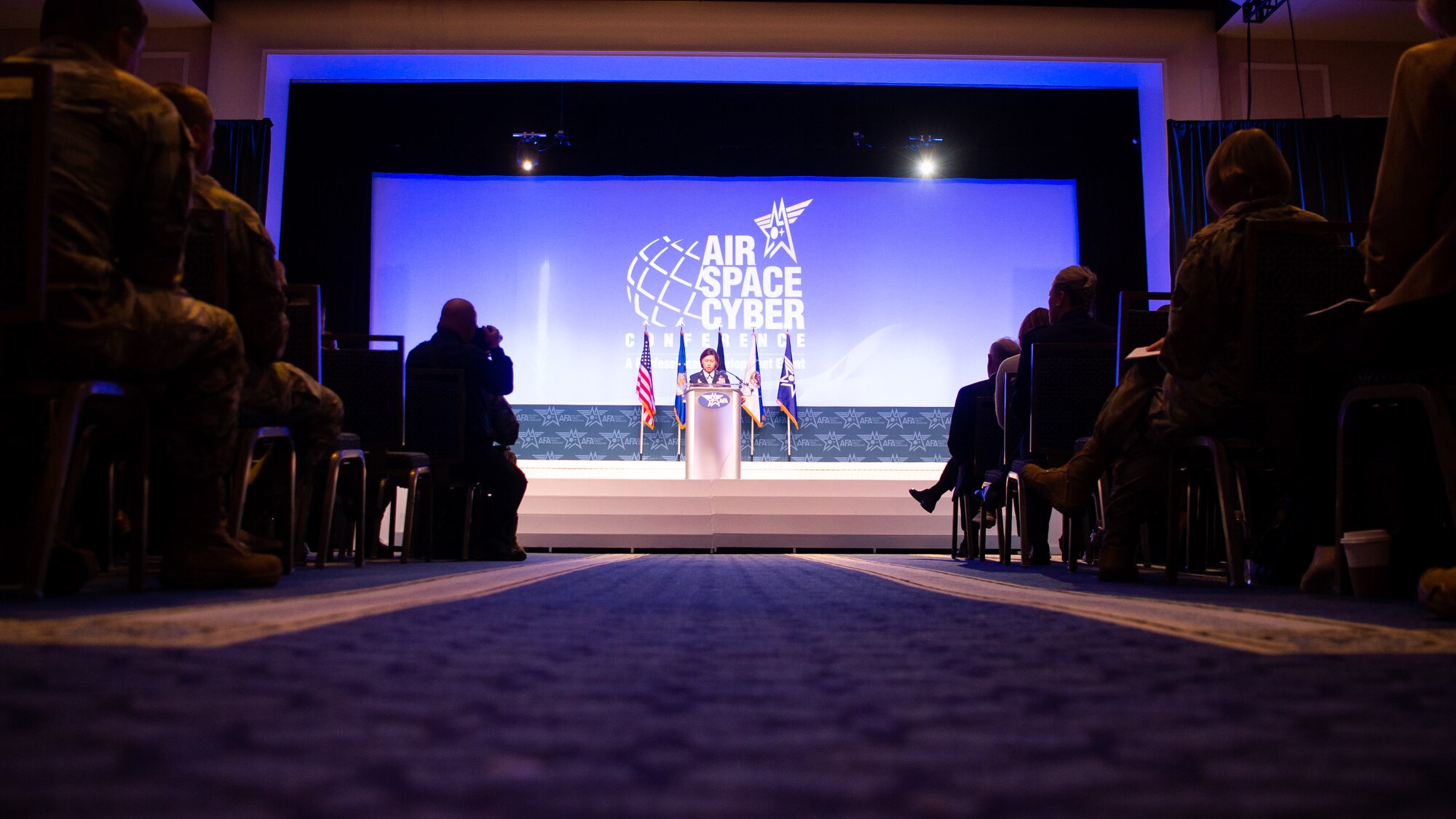 Chief Master Sgt. of the Air Force JoAnne S. Bass makes remarks at the Air and Space Forces Association's Air, Space & Cyber Conference in National Harbor, Md., Sept. 13, 2023. (U.S. Air Force photo by Staff Sgt. Stuart Bright)