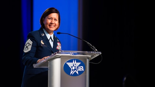 Chief Master Sgt. of the Air Force JoAnne S. Bass makes remarks at the Air and Space Forces Association's Air, Space & Cyber Conference in National Harbor, Md., Sept. 13, 2023. (U.S. Air Force photo by Staff Sgt. Stuart Bright)