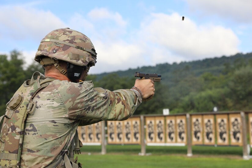 U.S. Soldiers and Airmen, assigned to the Pennsylvania, New Jersey, Delaware, Maryland, West Virginia, Virginia and the District of Columbia National Guards, participate in the Marksmanship Advisory Council’s Region II Marksmanship Sustainment Exercise at Fort Indiantown Gap, Aug. 25, 2023.