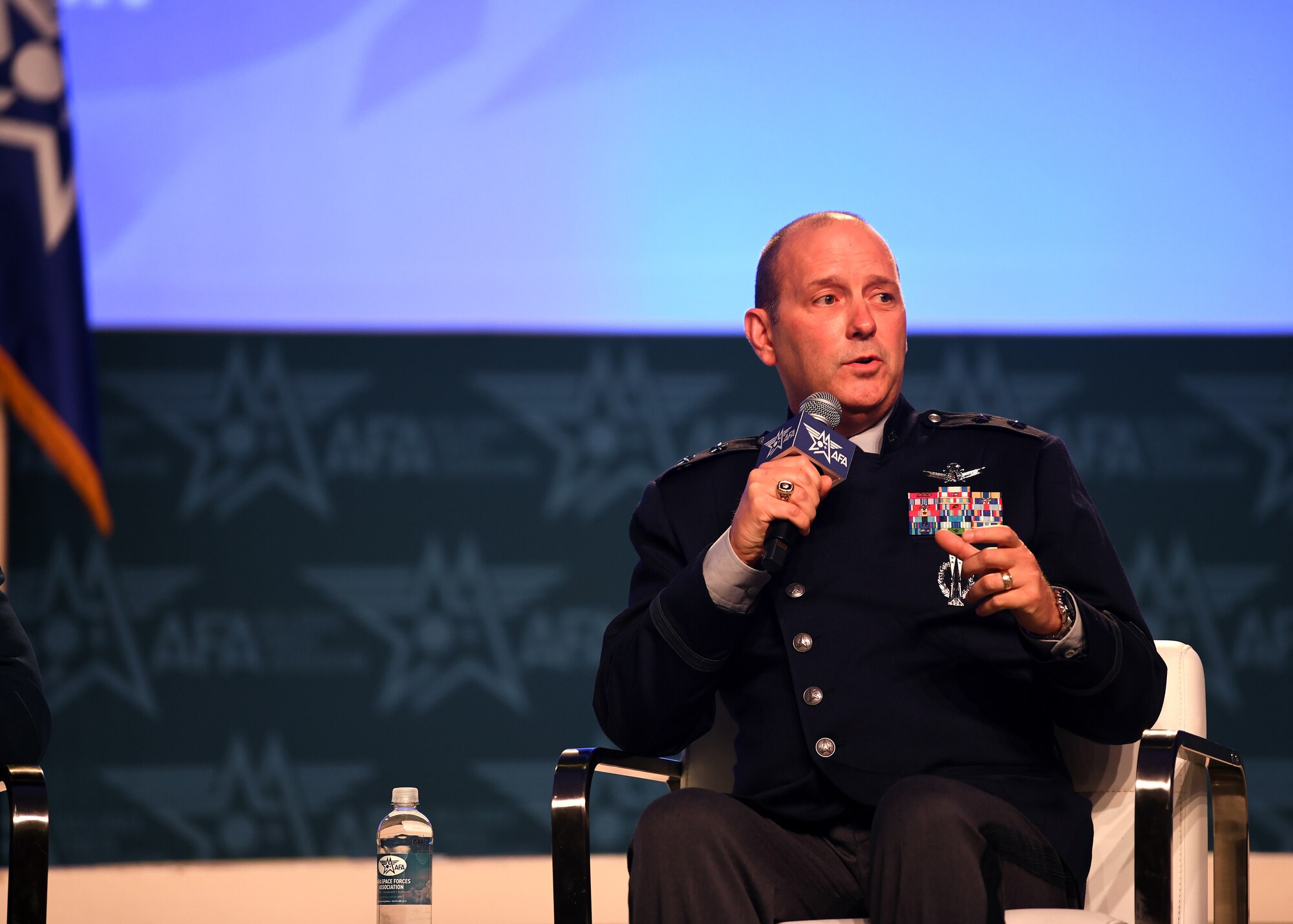 Maj. Gen. Douglas A. Schiess, Combined Force Space Component Command commander and Space Operations Command vice commander, answers a question during a panel at the Air and Space Forces Association's Air Space and Cyber Conference in National Harbor, M.D. September 12, 2023. (U.S. Air Force photo by Tech. Sgt. Stephanie Serrano)
