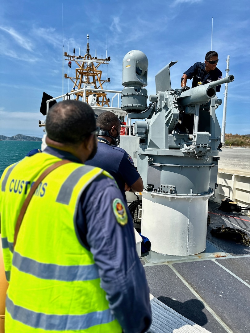 USCGC Myrtle Hazard (WPC 1139) hosts operational planning and subject matter exchange with partners in Port Moresby, Papua New Guinea, on Aug. 22, 2023. The U.S. Coast Guard is in Papua New Guinea at the invitation of the PNG government to join their lead in maritime operations to combat illegal fishing and safeguard maritime resources following the recent signing and ratification of the bilateral agreement between the United States and Papua New Guinea. (U.S. Coast Guard photo by Chief Warrant Officer Sara Muir)