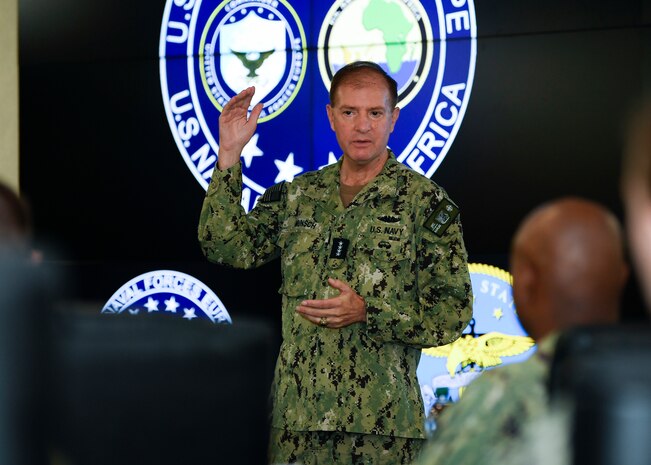 NAPLES, Italy – U.S. Navy Adm. Stuart B. Munsch, commander of U.S. Naval Forces Europe and Africa, speaks to attendees at Maritime Security Working Group at the NAVEUR-NAVAF Headquarters, in Naples, Italy, Sept. 12, 2023. The purpose of the MSWG is to understand the requirements of African partner nations for capacity building, in key areas such as maritime domain awareness, operational analysis, maritime professionalism, law enforcement, intelligence gathering, and response and interdiction operations. (U.S. Navy photo by Mass Communication Specialist 1st Class Cameron C. Edy)