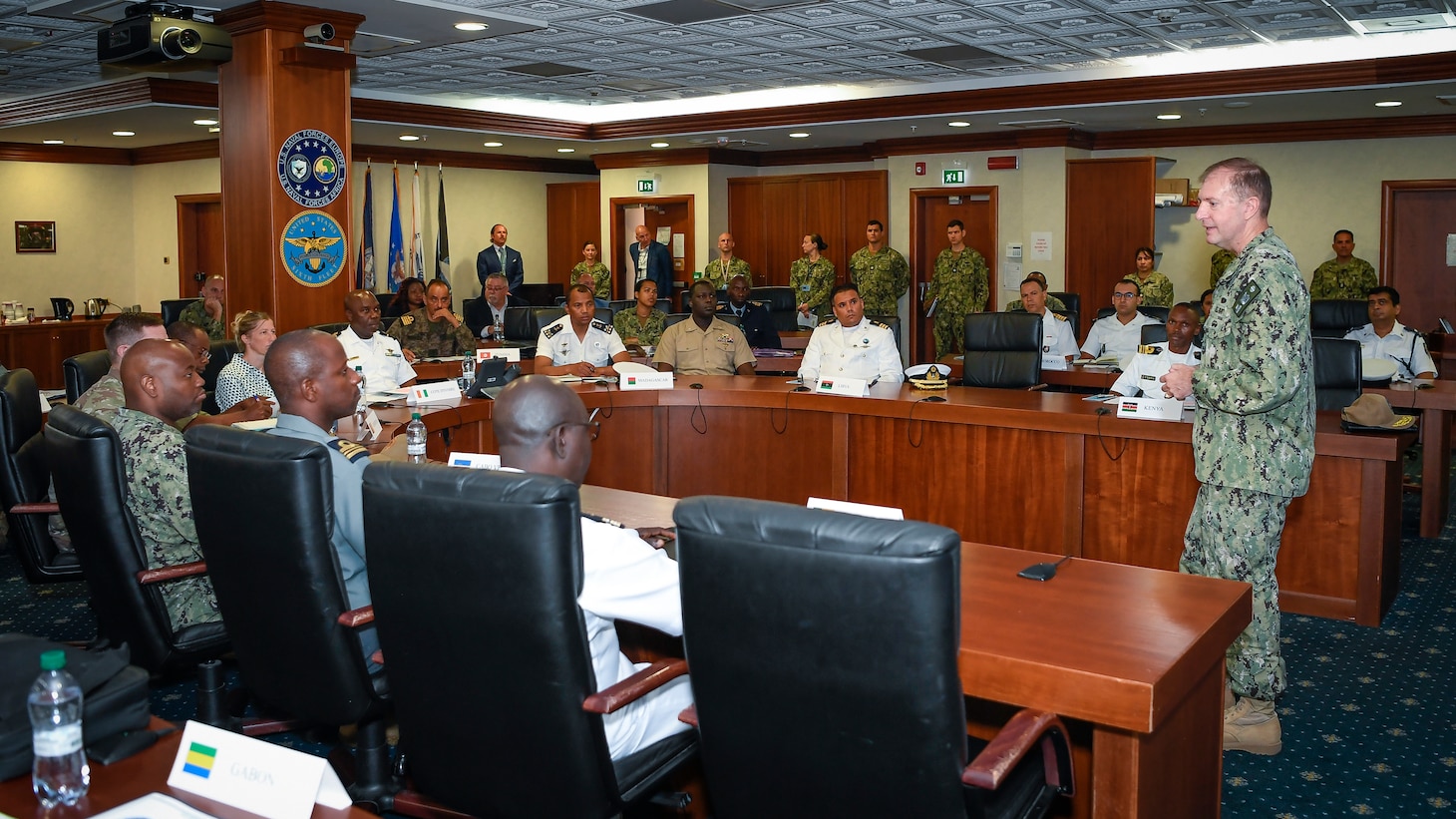 NAPLES, Italy – U.S. Navy Adm. Stuart B. Munsch, commander of U.S. Naval Forces Europe and Africa, speaks to attendees at Maritime Security Working Group at the NAVEUR-NAVAF Headquarters, in Naples, Italy, Sept. 12, 2023. The purpose of the MSWG is to understand the requirements of African partner nations for capacity building, in key areas such as maritime domain awareness, operational analysis, maritime professionalism, law enforcement, intelligence gathering, and response and interdiction operations. (U.S. Navy photo by Mass Communication Specialist 1st Class Cameron C. Edy)