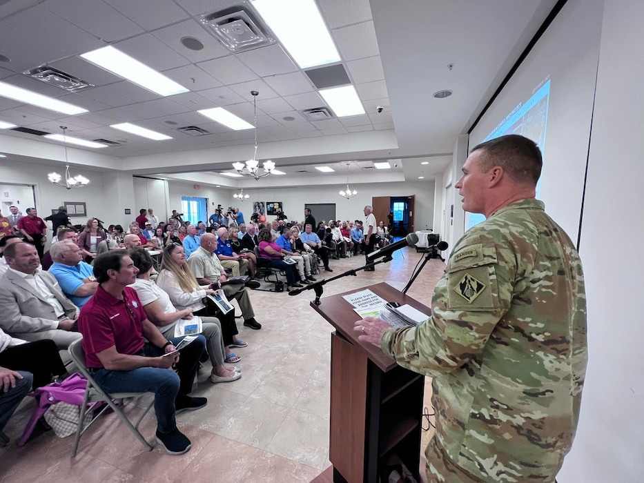 The U.S. Army Corps of Engineers, Jacksonville District, conducted a public informational briefing at the Indian Shores Municipal Center, in Indian Shores, Sept. 8, 2023. District Commander, Col. James Booth, and senior staff members reported on the status of the project and explained the need for USACE to be provided perpetual access easements on all properties within the project footprint to move forward with present and future renourishments of the Pinellas beaches. The briefing was followed by a question-and-answer period with all present elected officials and residents.