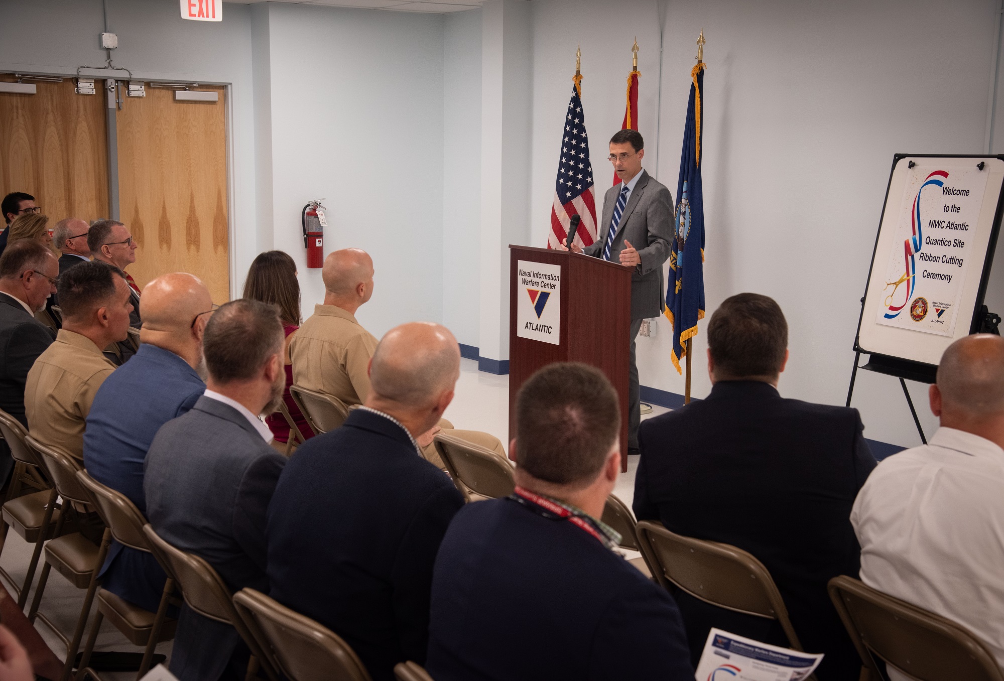 Naval Information Warfare Center (NIWC) Atlantic leaders held a ribbon-cutting ceremony on Sept. 7 in Stafford, Virginia, to officially open the doors of its new facility located minutes from Marine Corps Base Quantico. The NIWC Atlantic Quantico Site will be a key annex of the command’s Expeditionary Warfare Department, which has a long history of supporting the Marine Corps with information warfare solutions. Distinguished visitors from the U.S. Marine Corps attended, including Dr. Todd Calhoun, Marine Corps Systems Command executive director.