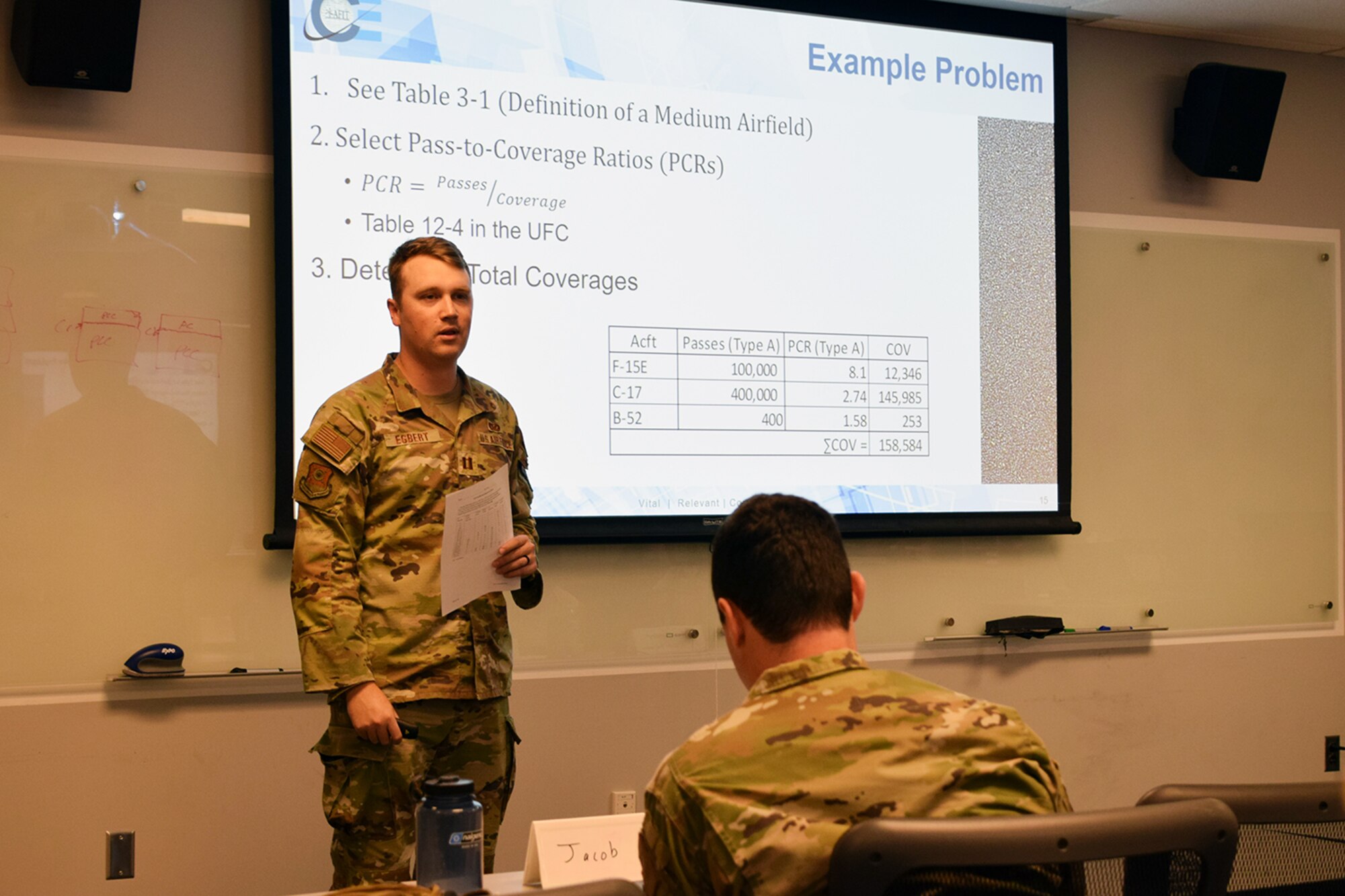 Capt. Kyle Egbert, pavement instructor at the Air Force Institute of Technology’s Civil Engineer School, leads an Airfield Pavement Design and Maintenance class July 20 at Wright-Patterson Air Force Base, Ohio.