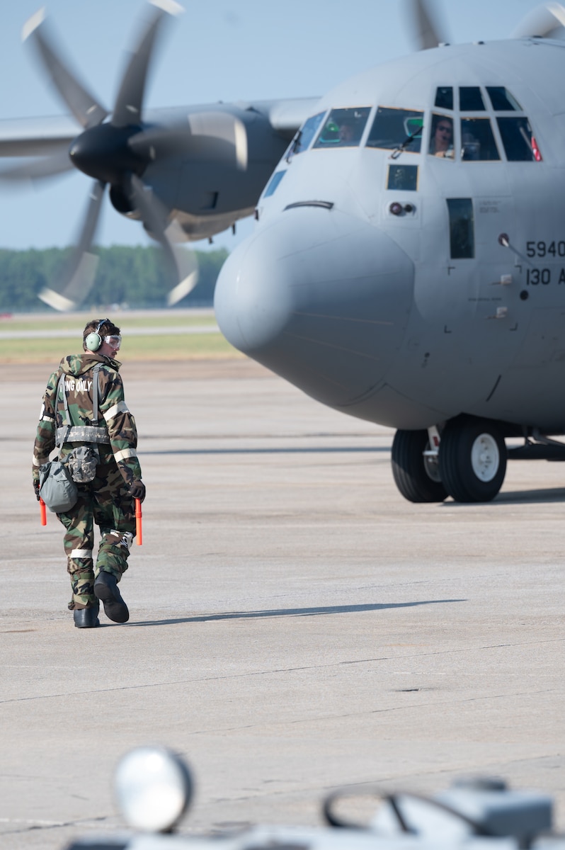 Members of the 130th Airlift Wing execute a Limited FLUSH plan as a part of a Fly Away Readiness Exercise Validation at Gulfport Combat Readiness Training Center, Miss., Sept. 9, 2023.