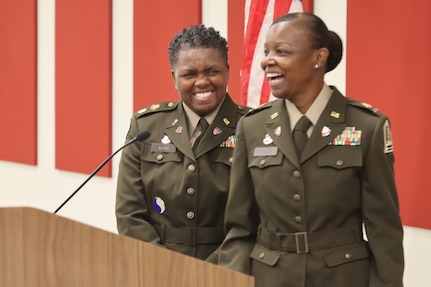 Djuana L. Goodwin is promoted to chief warrant officer 5 May 18, 2023, at the Virginia National Guard Sgt. Bob Slaughter Headquarters at Defense Supply Center Richmond, Virginia. Maj. Gen. Timothy P. Williams, the Adjutant General of Virginia, presided over the ceremony and administered the oath of office to Goodwin. Williams was joined by Brig. Gen. James W. Ring, the VNG Director of the Joint Staff, to pin on the new rank. Goodwin was the first Black woman promoted to warrant officer 1 in the VNG in 2001, and she is the first Black woman to be promoted to chief warrant officer 5. (U.S. National Guard photo by Cotton Puryear)