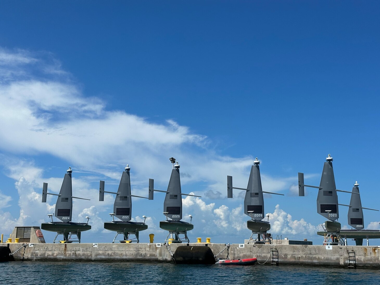 Commercial operators deploy Saildrone Voyager Unmanned Surface Vessels (USVs) out to sea in the initial steps of U.S. 4th Fleet’s Operation Windward Stack during a launch from Naval Air Station Key West’s Mole Pier and Truman Harbor, Sept. 13, 2023.