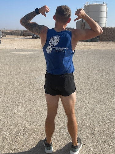 Airman 1st Class Cody Woolley after virtually participating in the Air Force Marathon