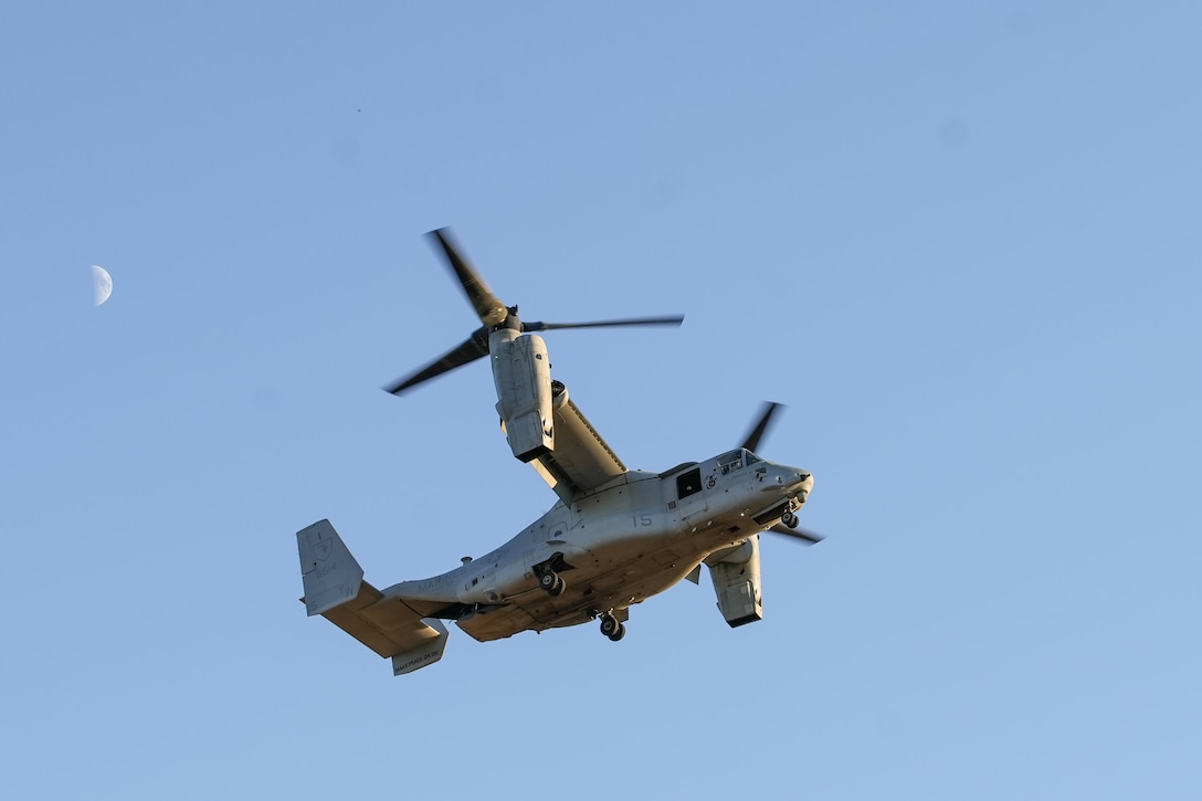 A U.S. Marine Corps MV-22B Osprey attached to Marine Medium Tiltrotor Squadron 165 (Reinforced), 15th Marine Expeditionary Unit, prepares to land at Fort Hunter Liggett, California, to extract Marines during a long range raid as part of Realistic Urban Training exercise, Aug. 24, 2023. RUT is a land-based predeployment exercise which enhances the integration and collective capability of the Marine Air-Ground Task Force while providing the 15th MEU an opportunity to train and execute operations in an urban environment. (U.S. Marine Corps photo by Sgt. Sydney Smith)