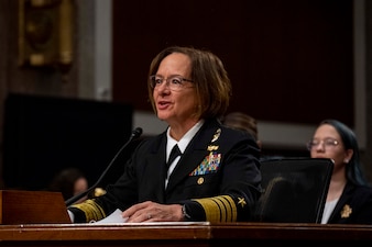 WASHINGTON (Sep. 14, 2023) - Vice Chief of Naval Operations Adm. Lisa Franchetti answers questions from members of the Senate Armed Services Committee during her confirmation hearing at the Dirksen Senate Office Building, Washington, D.C., Sep. 14 2023. Franchetti was nominated to become the next Chief of Naval Operations by President Joseph R. Biden. (U.S. Navy photo by Chief Mass Communication Specialist Amanda R. Gray)