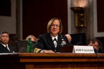Vice Chief of Naval Operations Adm. Lisa Franchetti testifies before the Senate Armed Services Committee during her confirmation hearing.