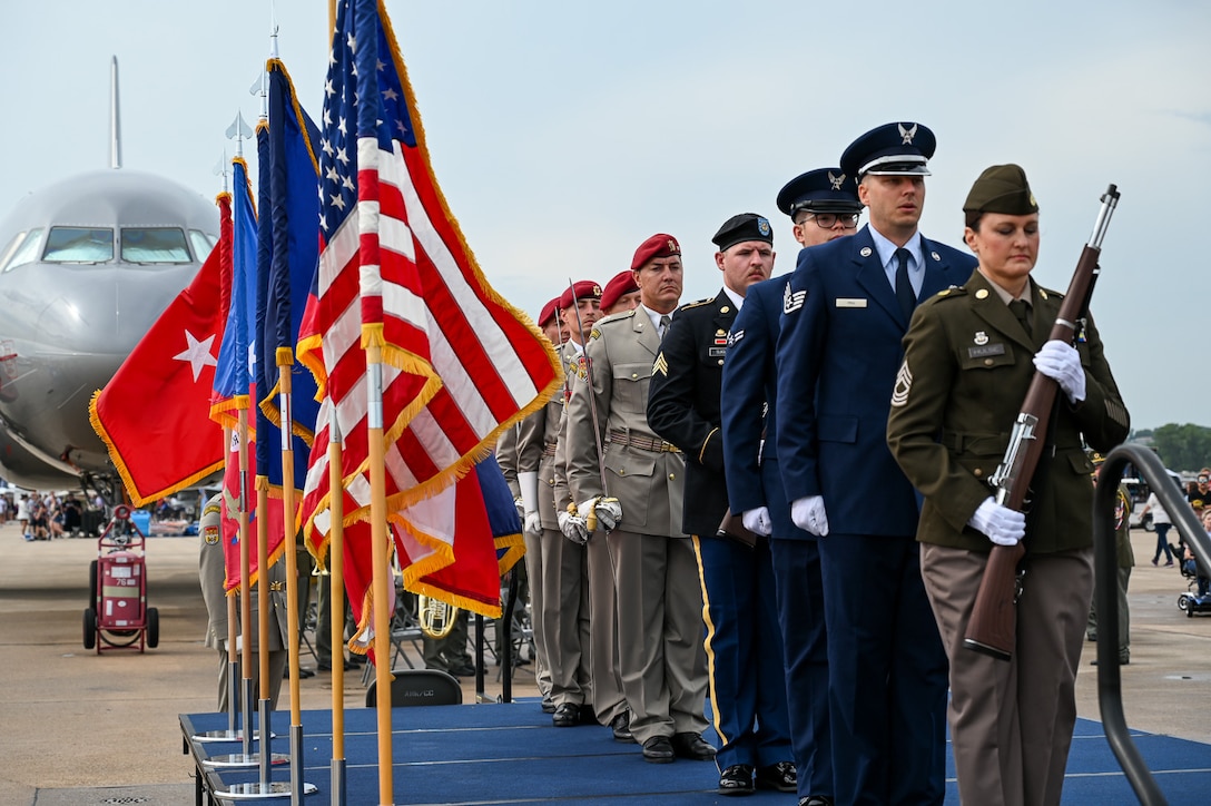 A joint honor guard from the Nebraska National Guard and the Czech Honor Guard post colors during the 2023 Guardians of Freedom Airshow opening ceremony, Aug. 26, 2023, at the Lincoln Airport, Nebraska.