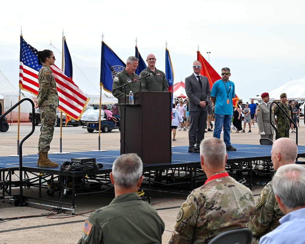 Members of a Czech Delegation including Czech Armed Forces, and Nebraska National Guard leadership, welcome guests to the 2023 Guardians of Freedom Airshow at the Lincoln Airport during the opening ceremony Aug. 26, 2023, at the Lincoln Airport, Nebraska.