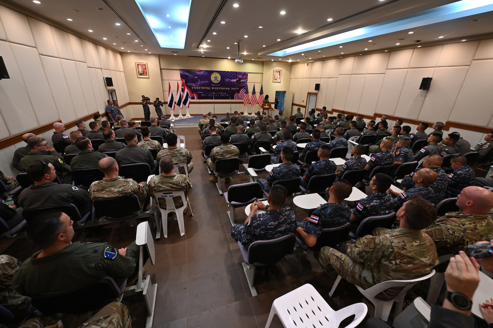 Airmen from the United States and Royal Kingdom of Thailand prepare for the opening ceremony of Enduring Partners 2023, Korat Air Base, Kingdom of Thailand, September 11, 2023. The exercise is a joint exercise between the Kingdom of Thailand, the Washington and Oregon Air National Guard. The Washington National Guard has a long-standing State Partnership with the Kingdom of Thailand. (U.S. Air Force photo by Tech. Sgt. Michael L. Brown)