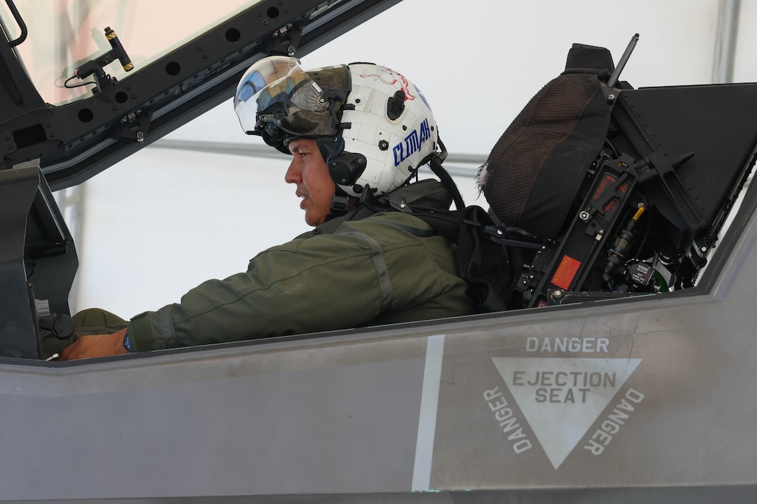U.S. Marine Corps Lt. Col. Jesse M. Peppers, commanding officer, Marine Fighter Attack Squadron (VMFA) 211, conducts a pre-flight check at Marine Corps Air Station Yuma, Arizona, Aug. 28, 2023. U.S. Marine Corps Brig. Gen. Robert B. Brodie, assistant wing commander, 3rd Marine Aircraft Wing, visited the air station to observe operations and training at VMFA-211 and VMFA-122. (U.S. Marine Corps photo by Lance Cpl. Elizabeth Gallagher)