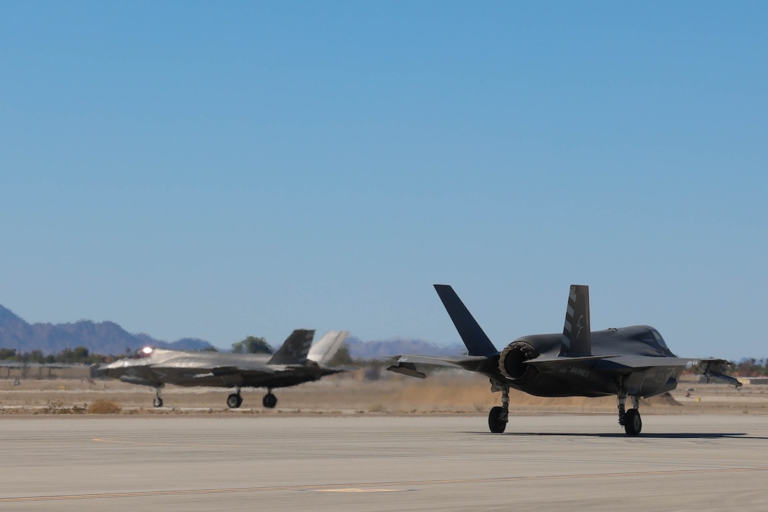 Two F-35B Lightning IIs with Marine Fighter Attack Squadron (VMFA) 211, 3rd Marine Aircraft Wing (MAW), piloted by U.S. Marine Corps Brig. Gen. Robert B. Brodie, assistant wing commander, 3rd MAW, and Lt. Col. Jesse M. Peppers, commanding officer, VMFA-211, 3rd MAW, prepare to take off during Brodie’s visit at Marine Corps Air Station Yuma, Arizona, Aug. 28, 2023. During his visit to the air station Brodie observed operations and training at VMFA-211 and VMFA-122. (U.S. Marine Corps photo by Lance Cpl. Elizabeth Gallagher)