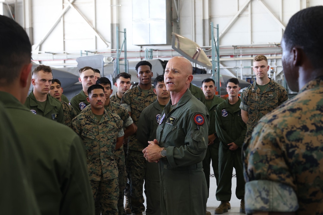 U.S. Marine Corps Brig. Gen. Robert B. Brodie, assistant wing commander, 3rd Marine Aircraft Wing (3rd MAW), Brodie conducts a brief during a visit at Marine Corps Air Station Yuma, Arizona, Aug. 29, 2023. During his visit to the air station Brodie observed operations and training at VMFA-211 and VMFA-122. (U.S. Marine Corps photo by Lance Cpl. Elizabeth Gallagher)