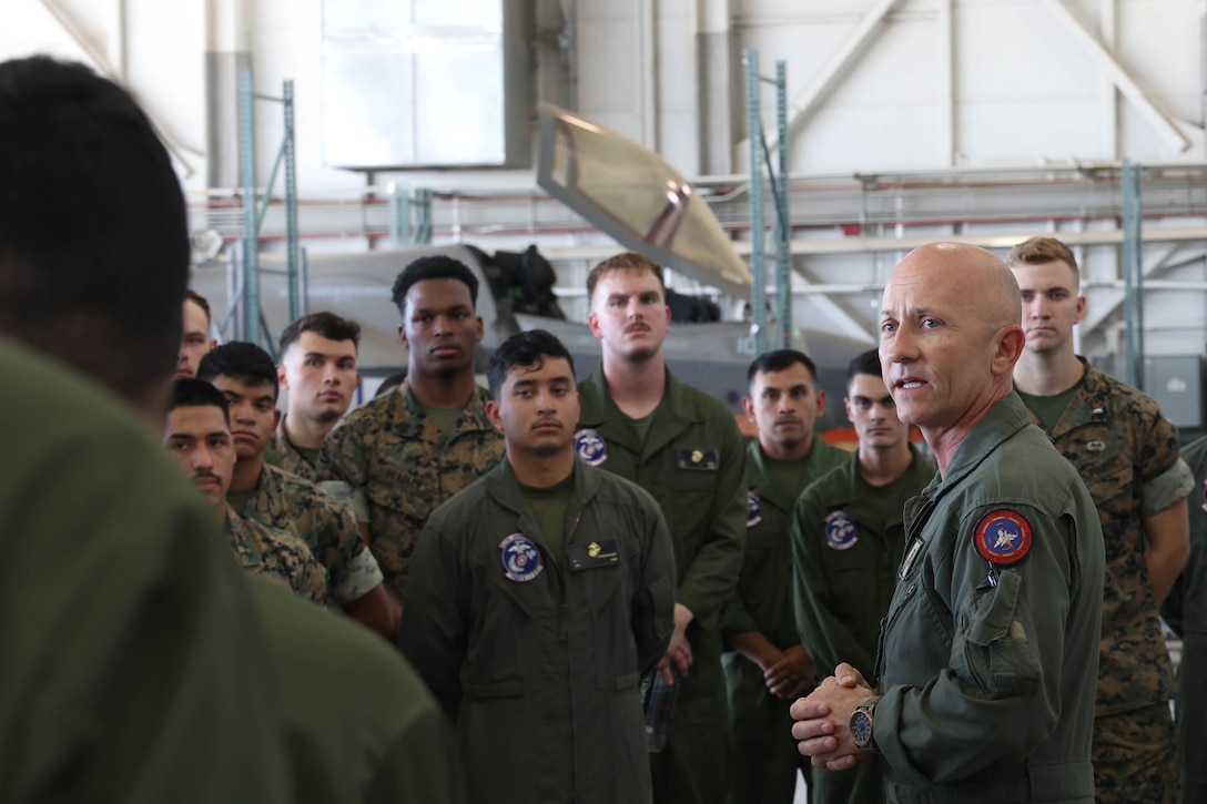 U.S. Marine Corps Brig. Gen. Robert B. Brodie, assistant wing commander, 3rd Marine Aircraft Wing (3rd MAW), Brodie conducts a brief during a visit at Marine Corps Air Station Yuma, Arizona, Aug. 29, 2023. During his visit to the air station Brodie observed operations and training at VMFA-211 and VMFA-122. (U.S. Marine Corps photo by Lance Cpl. Elizabeth Gallagher)