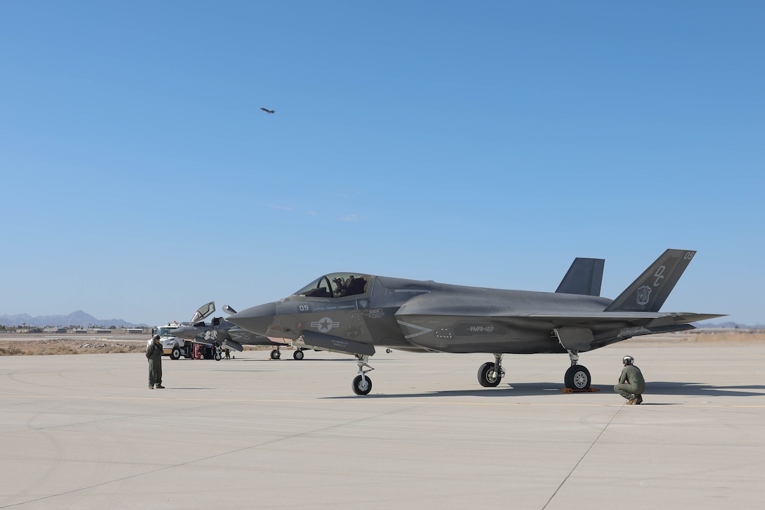 U.S. Marine Corps Brig. Gen. Robert B. Brodie, assistant wing commander, 3rd Marine Aircraft Wing (3rd MAW), conducts a pre-flight check on an F-35B Lightning II during a visit at Marine Corps Air Station Yuma, Arizona, Aug. 29, 2023. During his visit to the air station Brodie observed operations and training at VMFA-211 and VMFA-122. (U.S. Marine Corps photo by Lance Cpl. Elizabeth Gallagher)