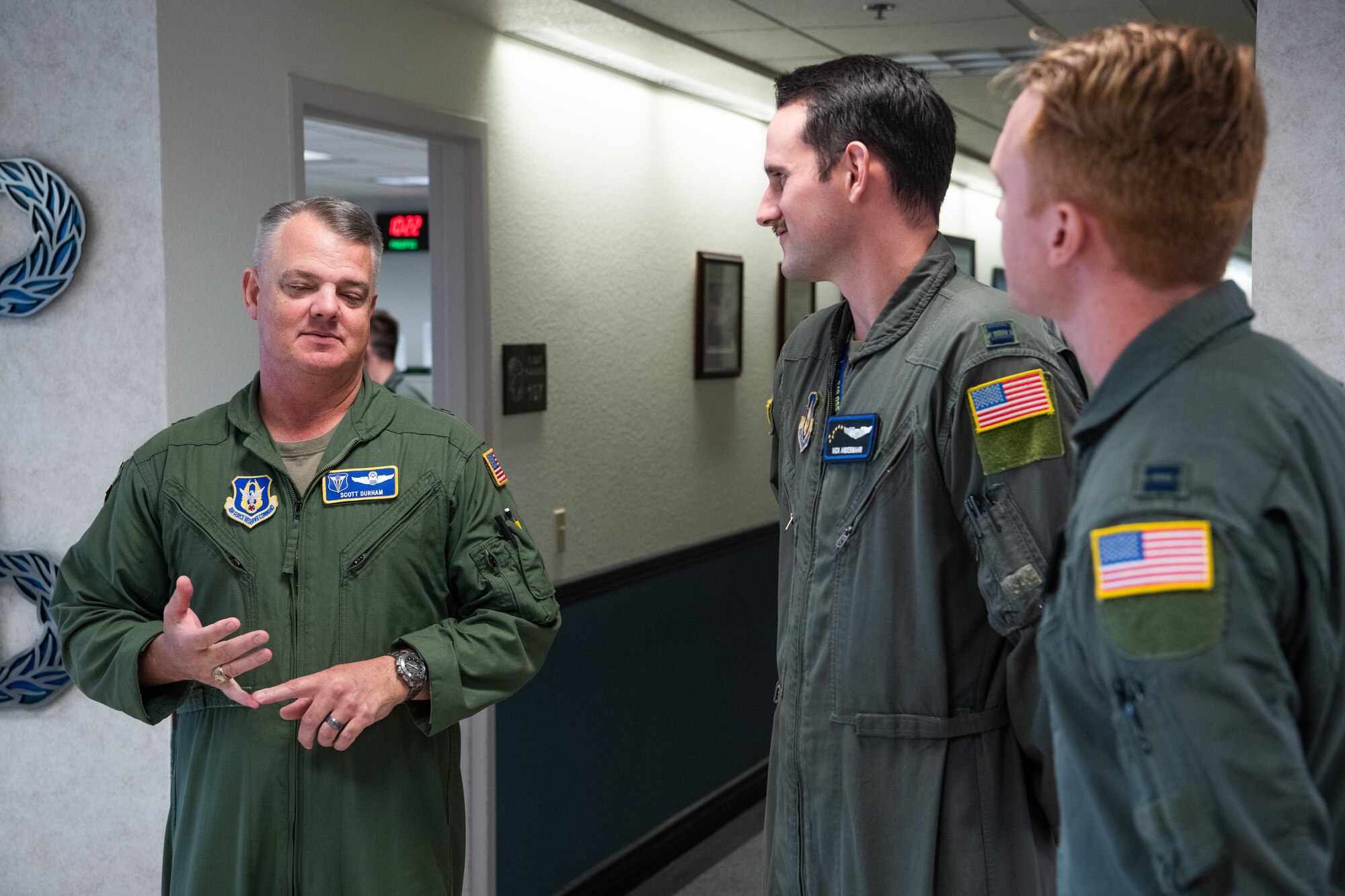 Brig. Gen. Derin Durham speaks with Capt. Nicholas Andemahr, 349th OSS deputy chief during a walk-around tour of the MPC.