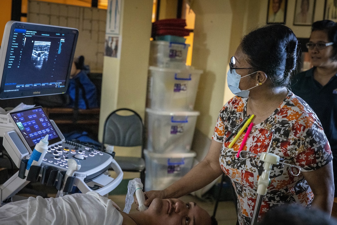 Dr. Angela Marcil, Head of the Communicable Disease Unit at Belau National Hospital, participates in point of care ultrasound training at Belau National Hospital on Koror, Republic of Palau, Sept. 8, 2023. The United States and the Republic of Palau continue to enhance interoperability by providing regional security, real-world training and community relations projects while forward deployed in the Indo-Pacific area of responsibilities during MCED – Palau 23.2. (U.S. Marine Corps photo by SSgt. David Bickel)