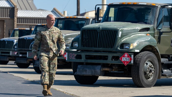 Tech. Sgt. Chance Scharer, 9th Logistics Readiness Squadron petroleum, oil, and lubricants (POL) NCO in charge of fuels, environmental, and safety, walks to his assigned fuel truck July 12, 2023, at Beale Air Force Base, California.