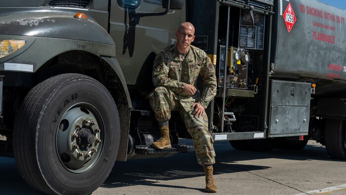 Tech. Sgt. Chance Scharer, 9th Logistics Readiness Squadron petroleum, oil, and lubricants (POL) NCO in charge of fuels, environmental and safety, poses for a photo July 12, 2023, at Beale Air Force Base, California.