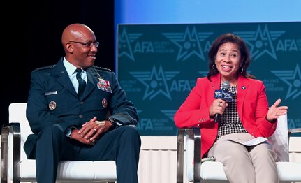 Air Force Chief of Staff Gen. CQ Brown, Jr. and Mrs. Sharene Brown take part in a panel discussion about the Senior Leader Perspective at the Air and Space Forces Association’s Air, Space and Cyber Conference in National Harbor, Md., Sept 13, 2023. (U.S. Air Force photo by Andy Morataya)
