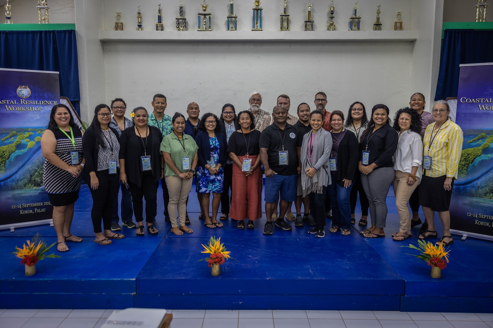 Attendees of the Coastal Resilience Workshop pose for a group photo on Koror, Republic of Palau, Sept. 13, 2023. The CRW aims to improve partner capacity related to biodiversity, coral reef and other eco-system health, economic impacts and long-term sustainability on islands. (U.S. Marine Corps photo by SSgt. David Bickel)