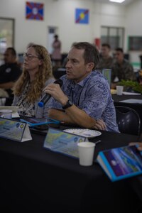 Ben Jones, the Director of Ocean Science and Technology at the University of Hawai’i, participates in a question-and-answer panel during the Coastal Resilience Workshop on Koror, Republic of Palau, Sept. 13, 2023. The CRW aims to improve partner capacity related to biodiversity, coral reef and other eco-system health, economic impacts and long-term sustainability on islands. (U.S. Marine Corps photo by SSgt. David Bickel)