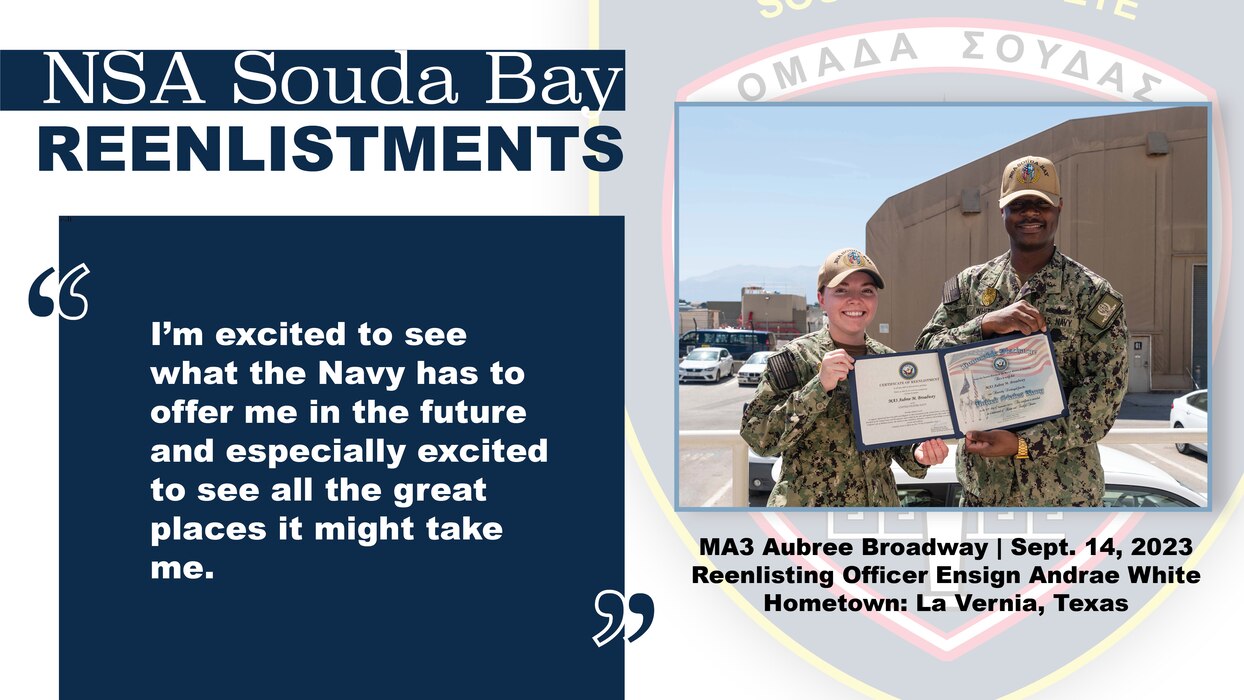 Master-at-Arms 3rd Class Aubree Broadway, assigned to Naval Support Activity Souda Bay, Greece, is reenlisted by Ensign Andrae White, security officer, NSA Souda Bay, on Sept. 14, 2023.