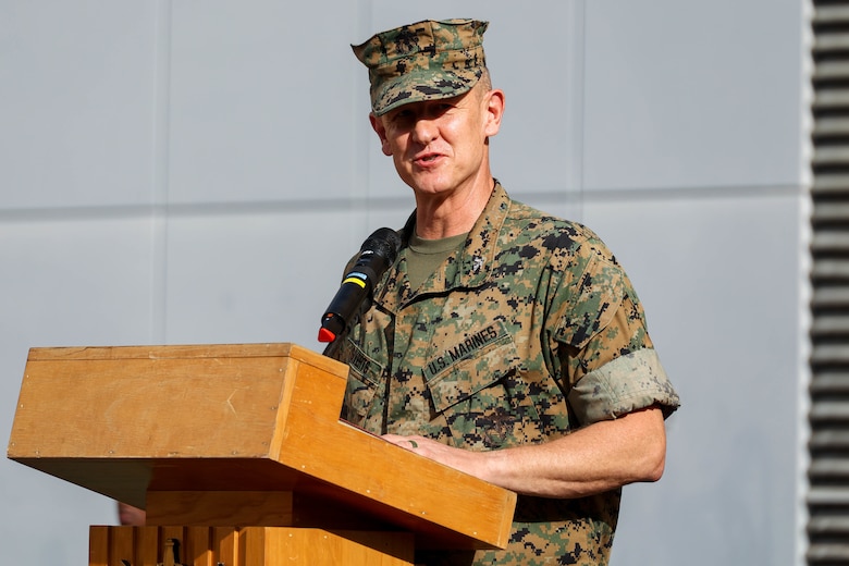 U.S. Marine Corps Col. Thomas M. Siverts, commanding officer of Marine Rotational Force Southeast Asia (MRF-SEA), I Marine Expeditionary Force, speaks to the armed forces during the closing ceremony for Exercise Valiant Mark 2022 on Bedok Camp II, Singapore, Dec. 6, 2022. Valiant Mark is an annual, bilateral training exercise designed to enhance interoperability, build mutual defense capabilities, and strengthen military-to-military relationships between the U.S. Marine Corps and Singapore Armed Forces. MRF-SEA is an operational model developed by Marine Corps Forces Pacific that postures scalable I Marine Expeditionary Forces west of the International Date Line, conducts a series of planned subject matter expert exchanges, and advances security objectives shared with our Allies and Partners. (U.S. Marine Corps photo by Sgt. Jailine L. AliceaSantiago)