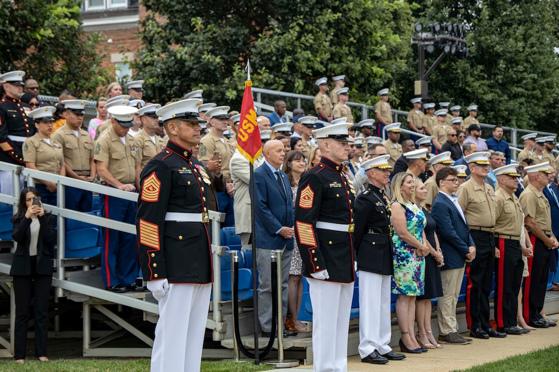 Sgt. Maj. Carlos A. Ruiz, 20th Sergeant Major of the Marine Corps, and Sgt. Maj. Troy E. Black, 19th Sergeant Major of the Marine Corps, stand at attention during the Sergeant Major of the Marine Corps relief and appointment ceremony at Marine Barracks Washington, D.C., Aug. 10, 2023. Sgt. Maj. Carlos A. Ruiz assumed the duties and responsibilities of Sergeant Major of the Marine Corps from Sgt. Maj. Troy E. Black. Sgt. Maj. Ruiz will serve as the 20th Sergeant Major of the Marine Corps. (U.S. Marine Corps photo by Lance Cpl. Chloe N. McAfee)