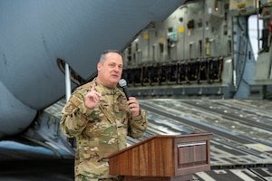 U.S. Air Force Chief Master Sgt. Mark Snyder delivers remarks during a wing command chief change of responsibility ceremony at the 167th Airlift Wing, Shepherd Field, Martinsburg, West Virgini