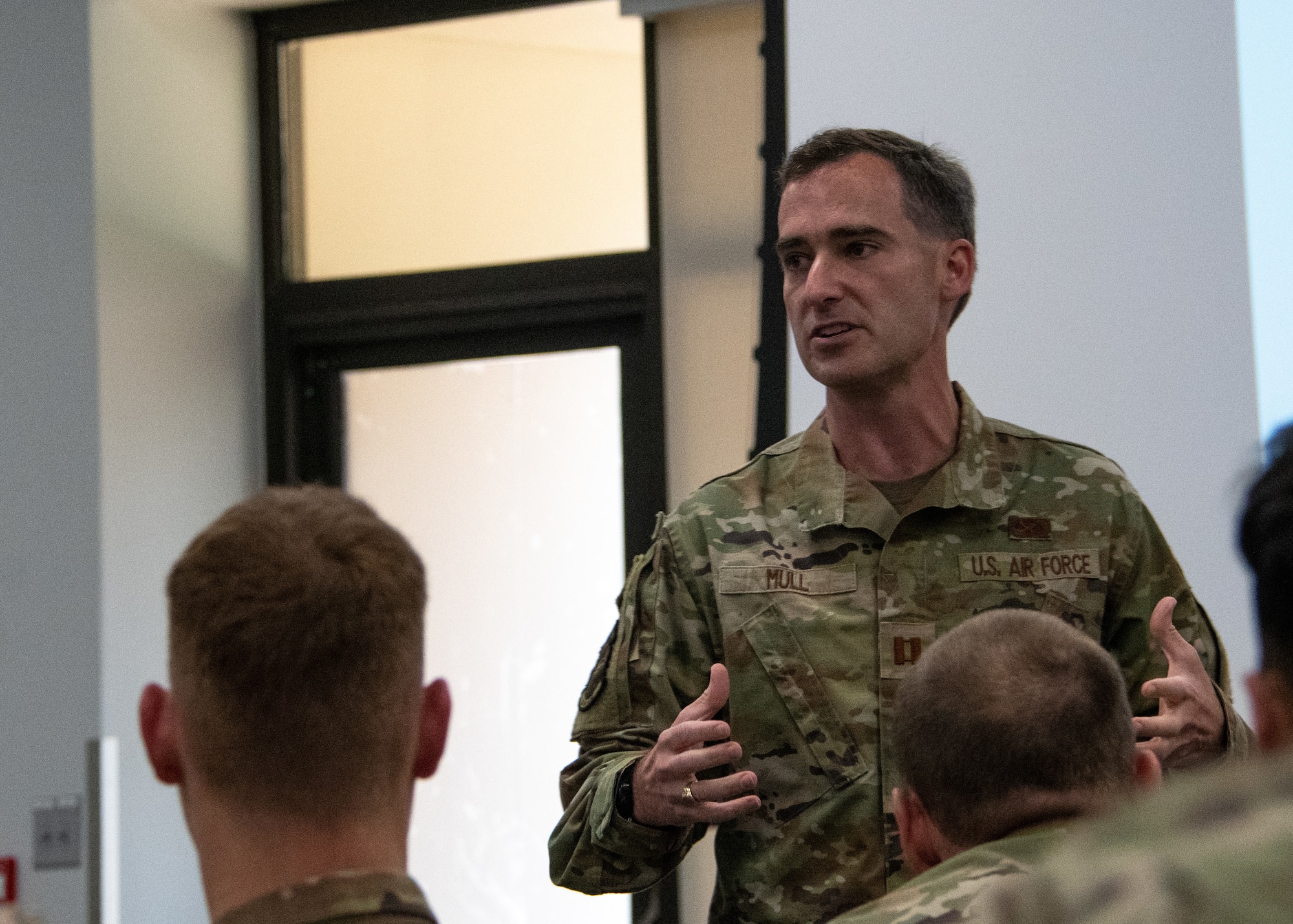 Capt. Casey Mull, deputy chief of public affairs for the 94th Airlift Wing, leads a workshop for Airmen entitled “Combat in the Information Environment” on Sept. 11, 2023, at Dobbins Air Reserve Base, Ga. The training walked Airmen through how to identify misinformation, disinformation and malinformation while also equipping them with knowledge of how to combat false information. (U.S. Air Force photo by Tech. Sgt. Joshua Kincaid)