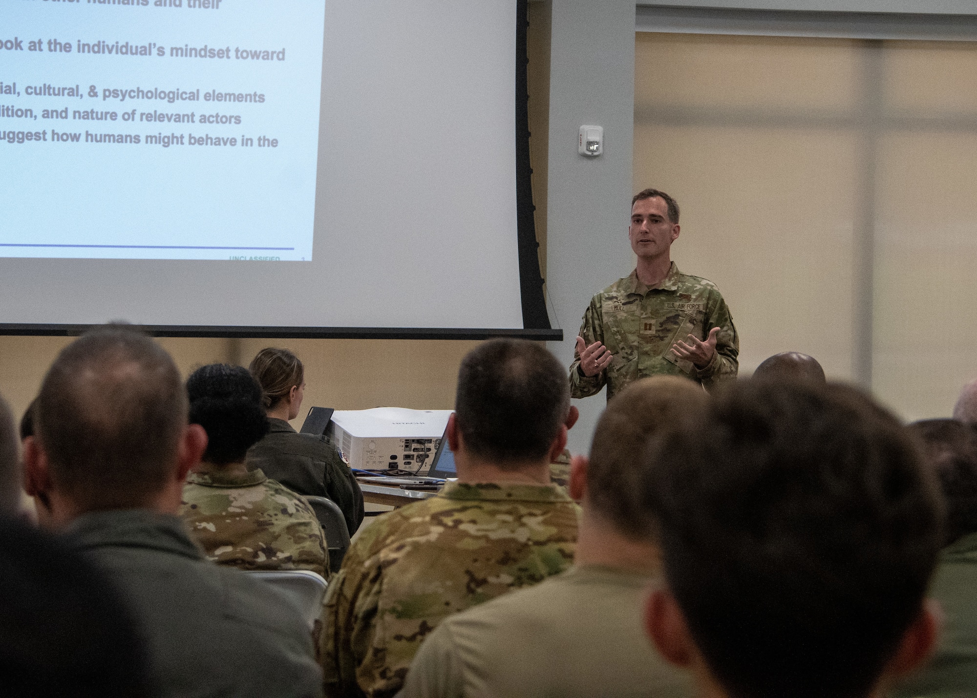 As part of readiness training, Capt. Casey Mull, deputy chief of public affairs for the 94th Airlift Wing, leads Airmen through a workshop entitled “Combat in the Information Environment” on Sept. 11, 2023, at Dobbins Air Reserve Base, Ga. The training challenged Airmen to expand beyond one source of information gathering to avoid media biases from their preferred platform. (U.S. Air Force photo by Tech. Sgt. Joshua Kincaid)