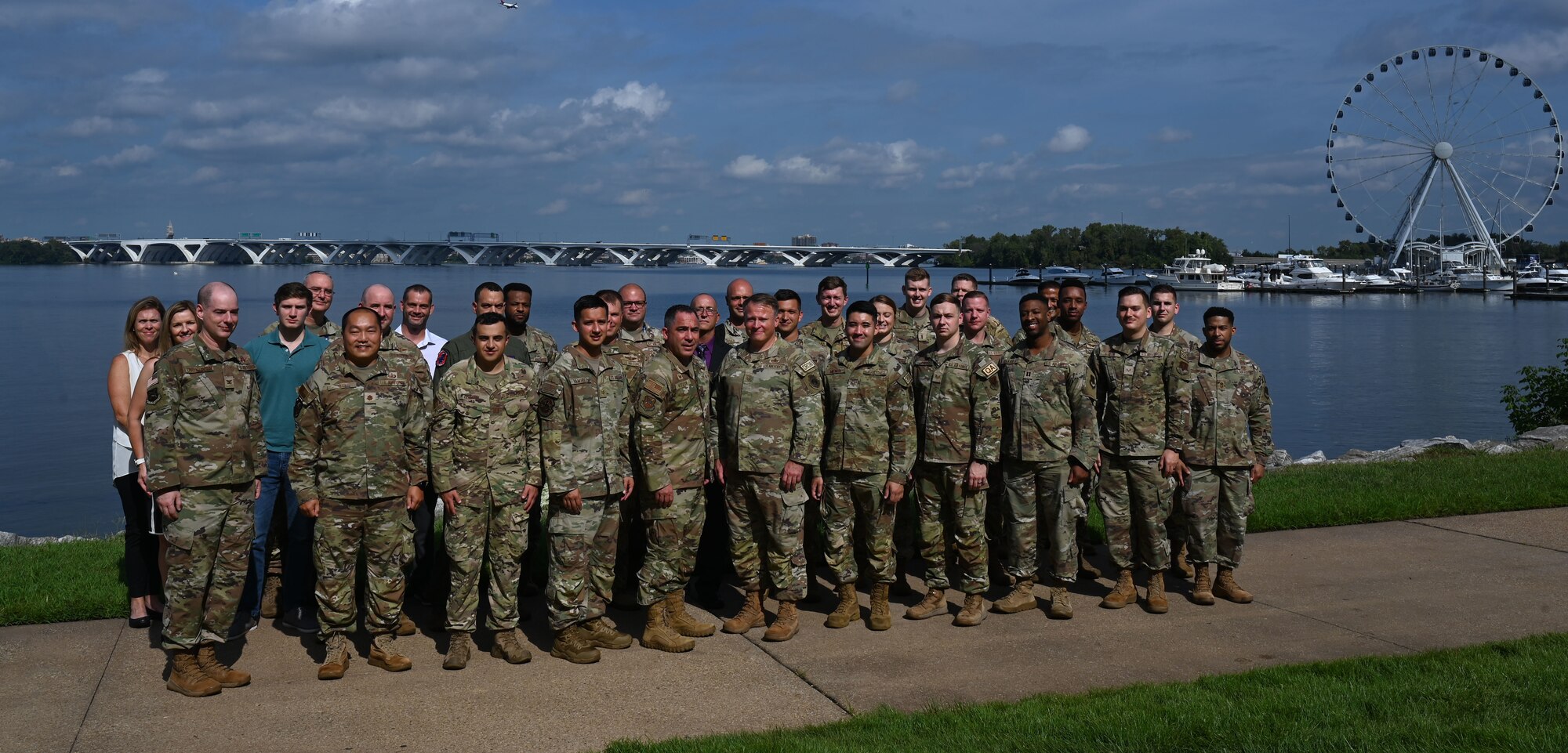 Members from the 350th Spectrum Warfare Wing pose for a group photo during the Air & Space Forces Association’s (AFA) Air, Space & Cyber Conference at the Gaylord National Resort & Convention Center in National Harbor, Md., Sept. 12, 2023. The conference featured nearly 50 sessions, including addresses from senior leaders across the U.S. Air Force, U.S. Space Force, and aerospace industry. (U.S. Air Force photo by Staff Sgt. Ericka A. Woolever)