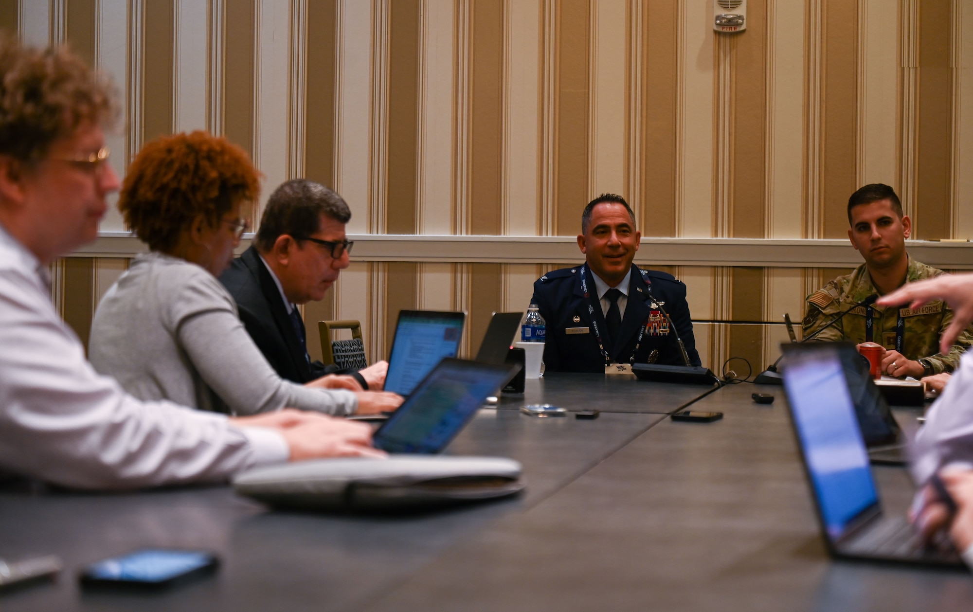 U.S. Air Force Col. Josh Koslov, 350th Spectrum Warfare Wing commander, hosts a media roundtable during the Air & Space Forces Association’s (AFA) Air, Space & Cyber Conference at the Gaylord National Resort & Convention Center in National Harbor, Md., Sept. 13, 2023. During the round table, Koslov discussed the importance for the Air Force to have the ability to generate, sustain, and deliver decisive multi-domain effects to achieve air component commander objectives depends on the ability to dominate the Spectrum.  (U.S. Air Force photo by Staff Sgt. Ericka A. Woolever)