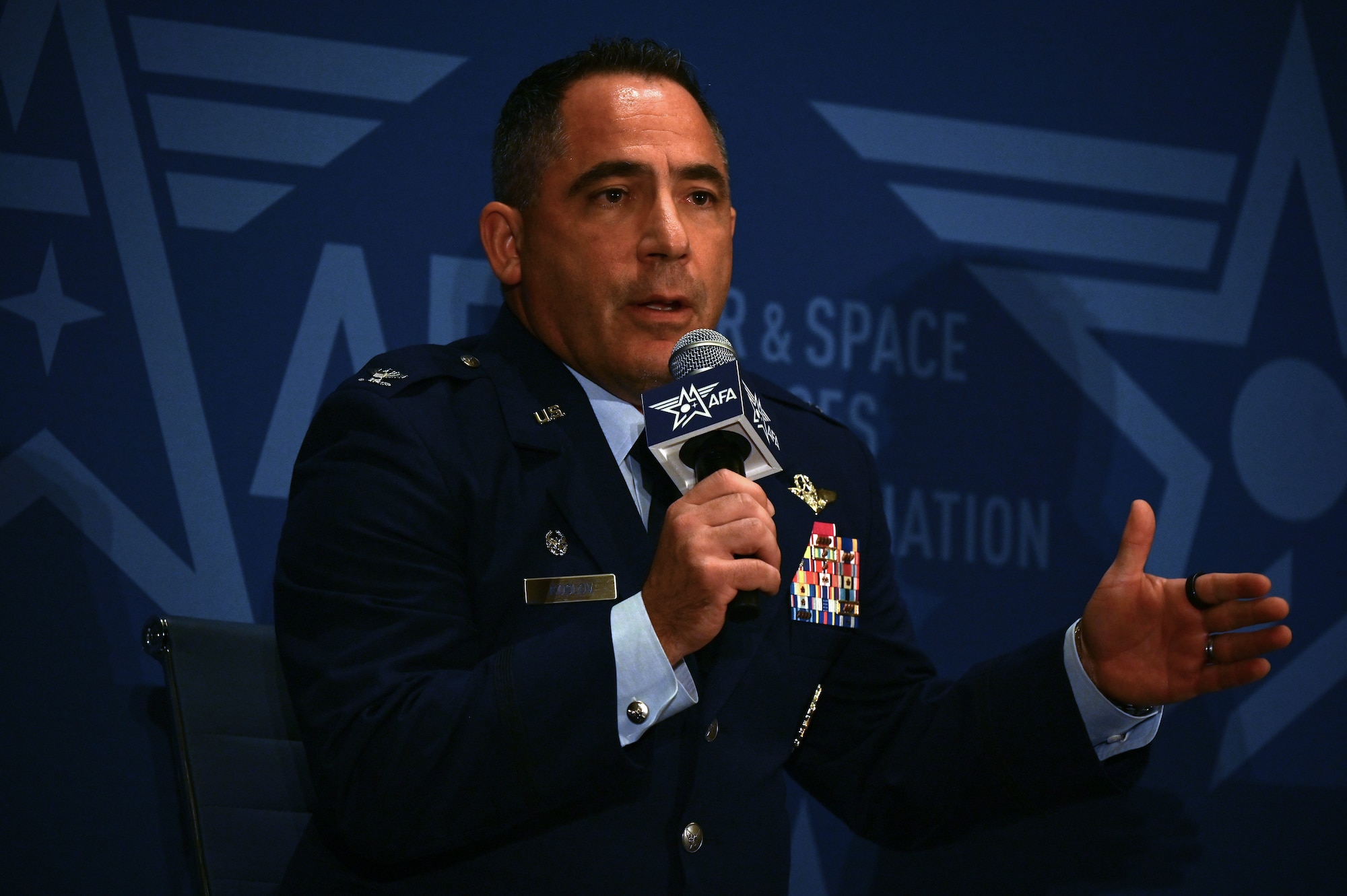 U.S. Air Force Col. Josh Koslov, 350th Spectrum Warfare Wing commander, serves as a panelist for the Spectrum Renaissance session during the Air & Space Forces Association’s (AFA) Air, Space & Cyber Conference at the Gaylord National Resort & Convention Center in National Harbor, Md., Sept. 13, 2023. During the panel, Koslov discussed the five strategic areas to propel EMS capability: Crowd-Sourced Flight Data, Electromagnetic Battlefield Management, Cognitive EW, Data Architecture, and EW Assessments. (U.S. Air Force photo by Staff Sgt. Ericka A. Woolever)