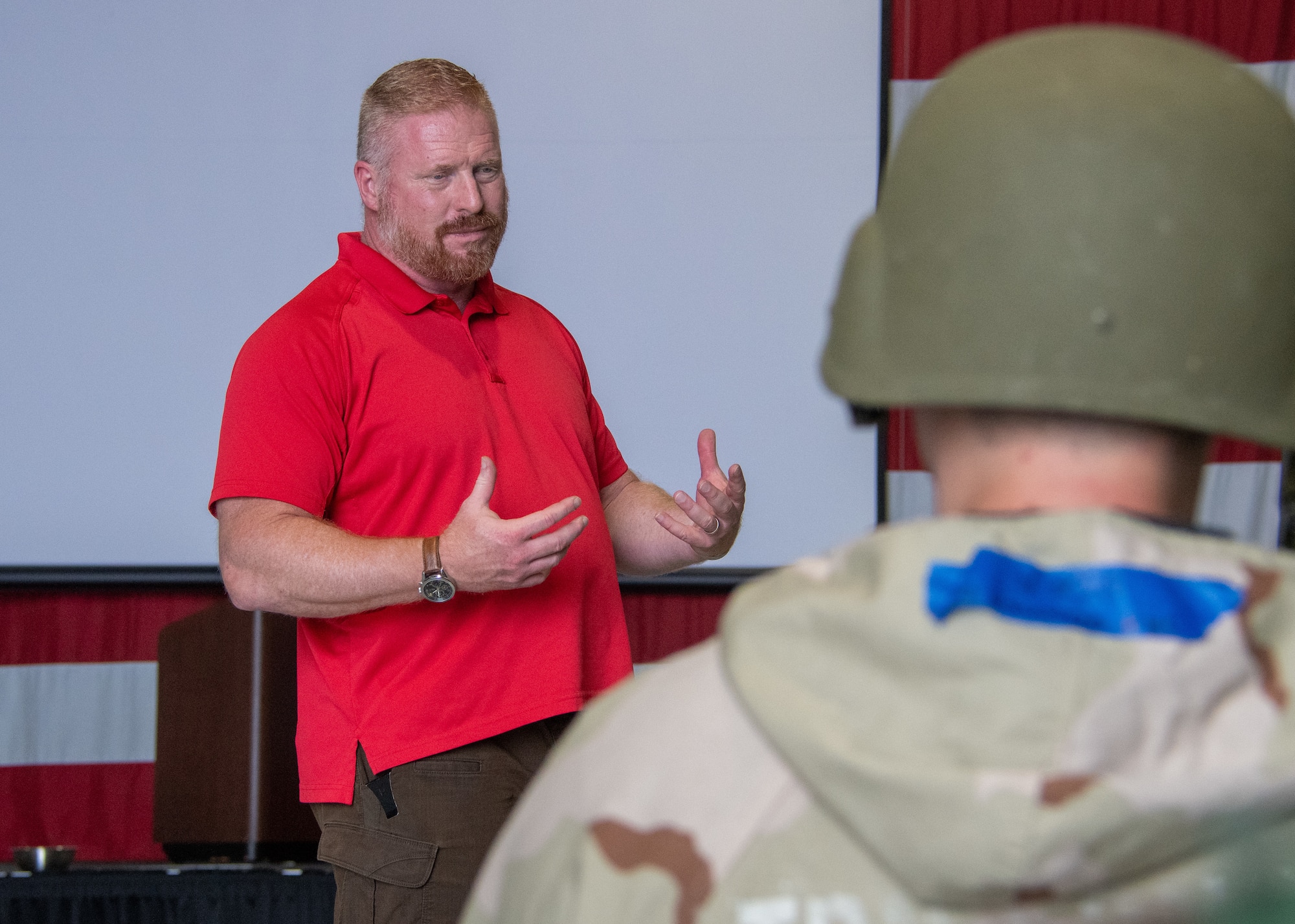 Dr. Eric Stere, Installation Emergency Manager for Dobbins Air Reserve Base, leads a CBRN Defense Training for Airmen on Sept. 12, 2023, at Dobbins ARB, Ga. The training walked Airmen through how to combat chemical, biological, radiological and nuclear warfare by utilizing Mission Oriented Protective Posture (MOPP) gear. (U.S. Air Force photo by Tech. Sgt. Joshua Kincaid)