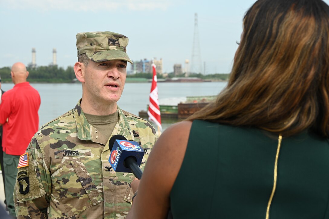 Col. Cullen Jones, U.S. Army Corps of Engineers, New Orleans District commander, speaks with media Sept. 15, 2023, on current steps the Corps plans to take to augment the existing underwater sill constructed by USACE in the Mississippi River to help slow progression of the saltwater wedge moving upriver from the Gulf of Mexico. The U.S. Army Corps of Engineers, New Orleans District, along with other state and local officials, held a press conference that day at their headquarters in New Orleans, La., to discuss planned efforts to address continued low-water conditions on the Mississippi River.