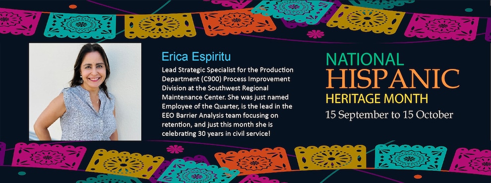 Erica Espiritu - Lead Strategic Specialist for the Production Department (C900) Process Improvement Division at the Southwest Regional Maintenance Centr. She was just named Employee of the Quarter, is the lead in the EEO Barrier Analysis team focusing on retention, and just this month she is celebrating 20 years in civil service!