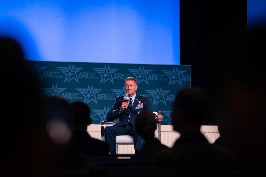 U.S. Air Force Lt. Gen. Steven S. Nordhaus, commander, Continental U.S. North American Aerospace Defense Command Region – 1st Air Force (U.S. Air Forces Northern and U.S. Air Forces Space), speaks during a panel at the 2023 Air, Space & Cyber Conference in the National Harbor, Maryland, Sep. 13, 2023.