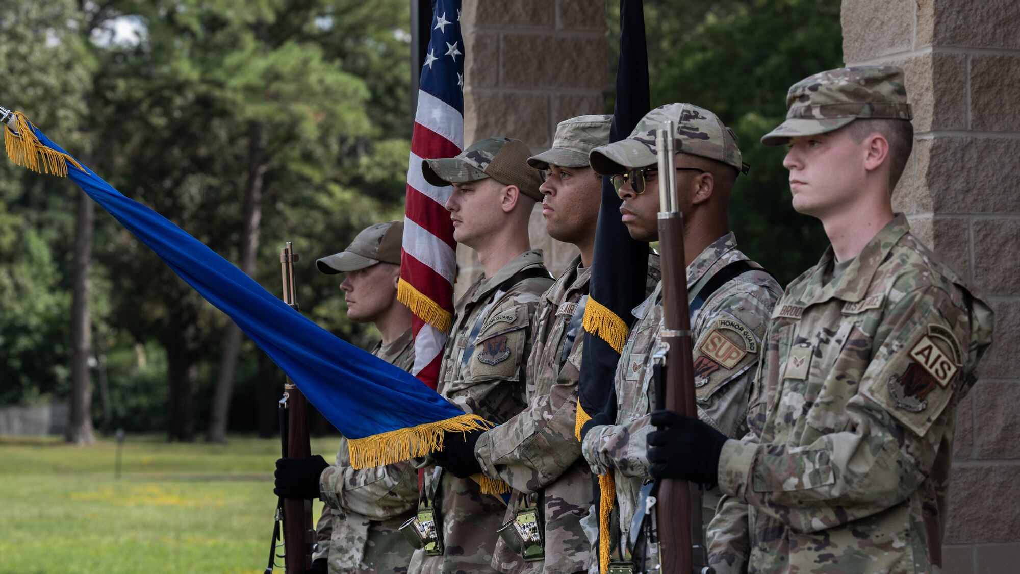 Airmen with the base honor guard post the colors as part of a POW/MIA Remembrance day walk on Sept. 11, 20203 at Seymour Johnson Air Force Base, North Carolina.