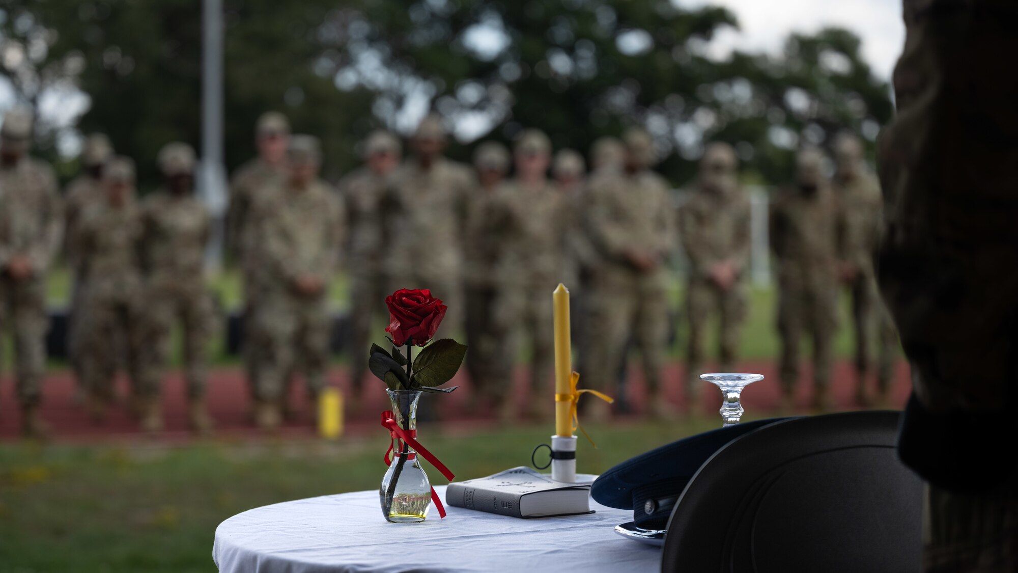 A POW/MIA memorial is displayed as part of a Remembrance day opening ceremony on Sept. 11, 2023 at Seymour Johnson Air Force Base, North Carolina.