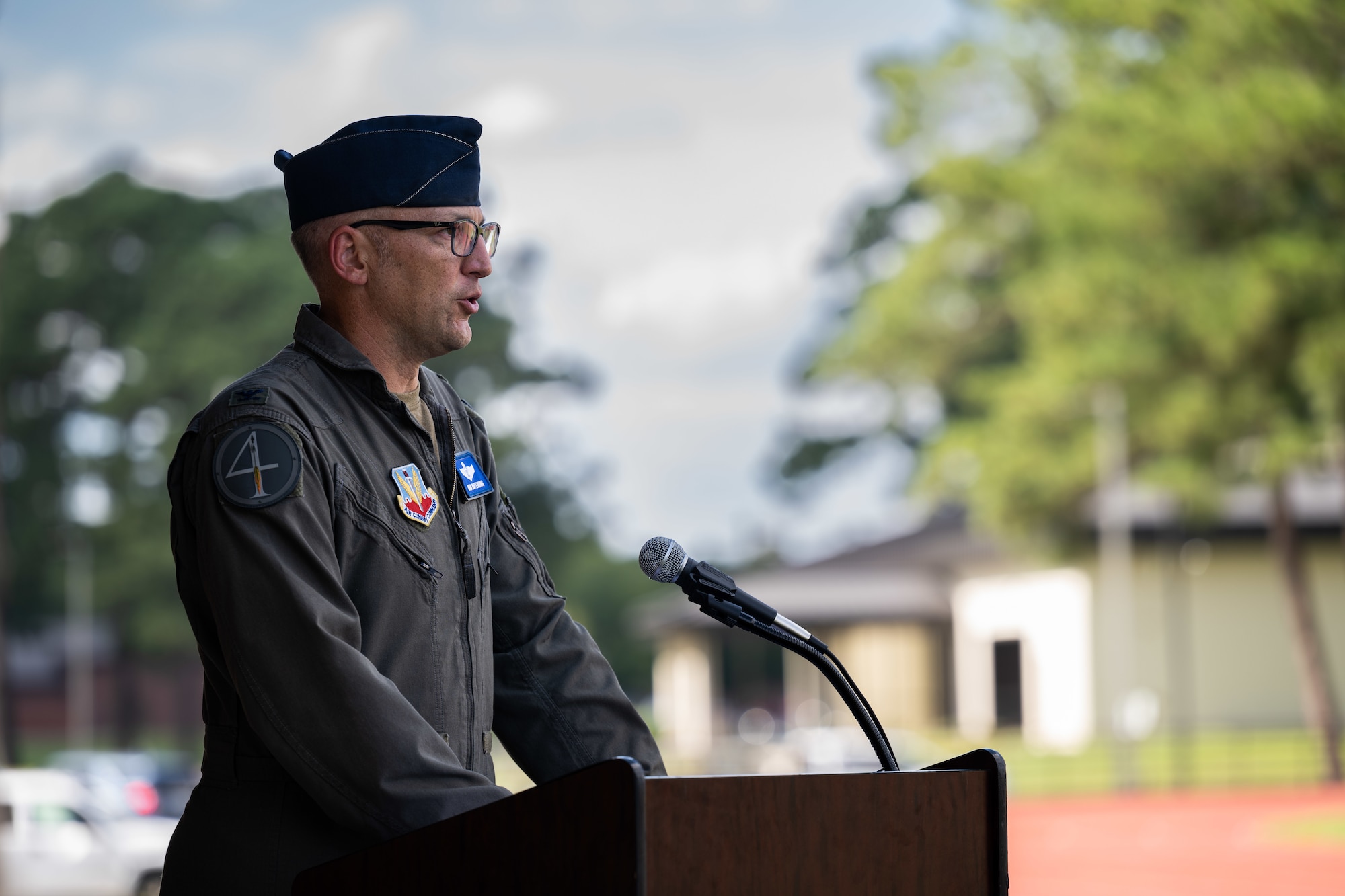 Col. Steven Bofferding, 4th Fighter Wing deputy commander, gives a speech as part of a POW/MIA Remembrance day opening ceremony on Sept. 11, 2023 at Seymour Johnson Air Force Base, North Carolina.
