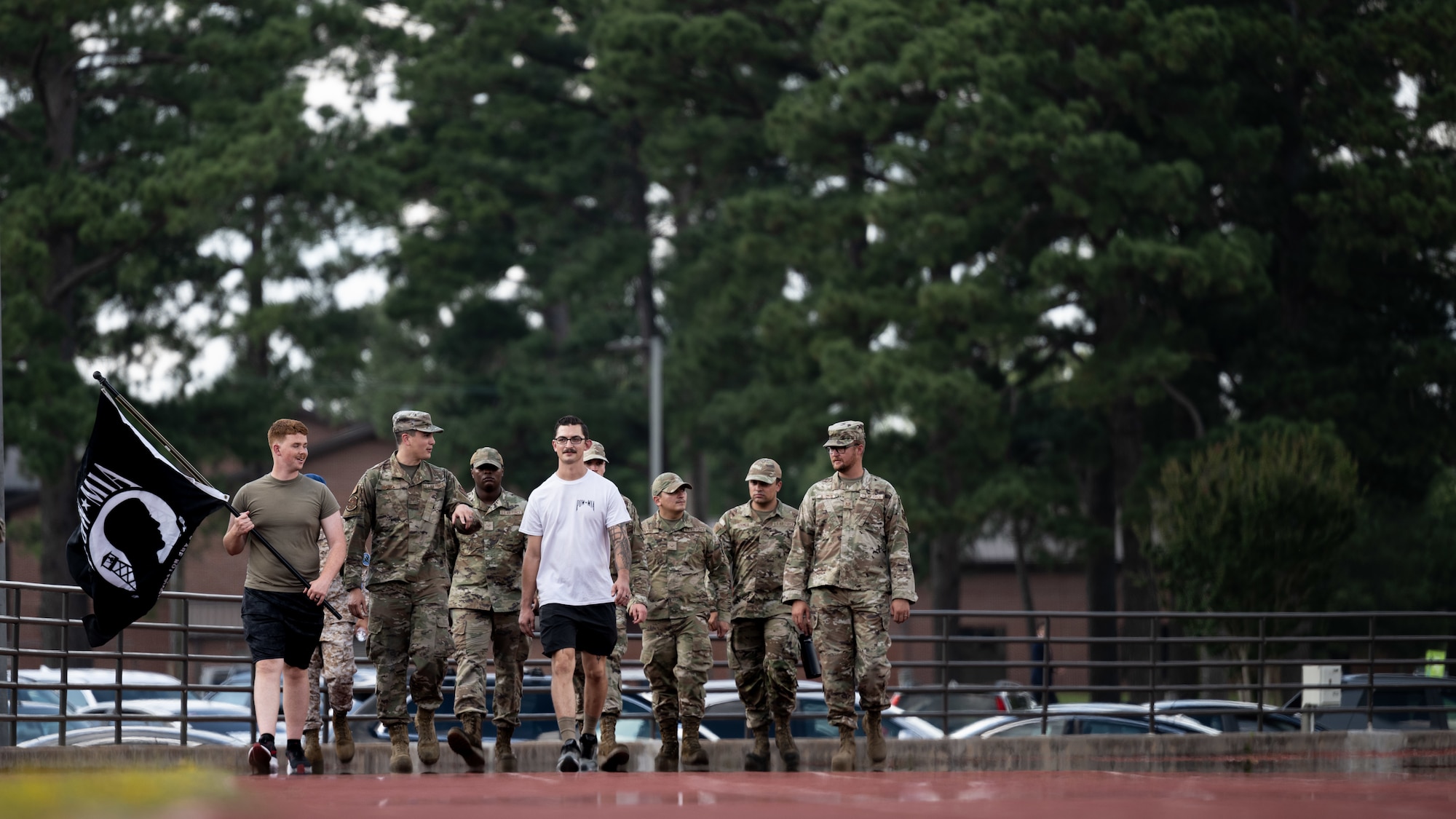 Airmen with the 4th Fighter Wing participate in a POW/MIA Remembrance day walk on Sept. 11, 2023 at Seymour Johnson Air Force Base, North Carolina. Airmen and civilians carried the POW/MIA flag throughout the 24-hour period to commemorate those who did not make it home.